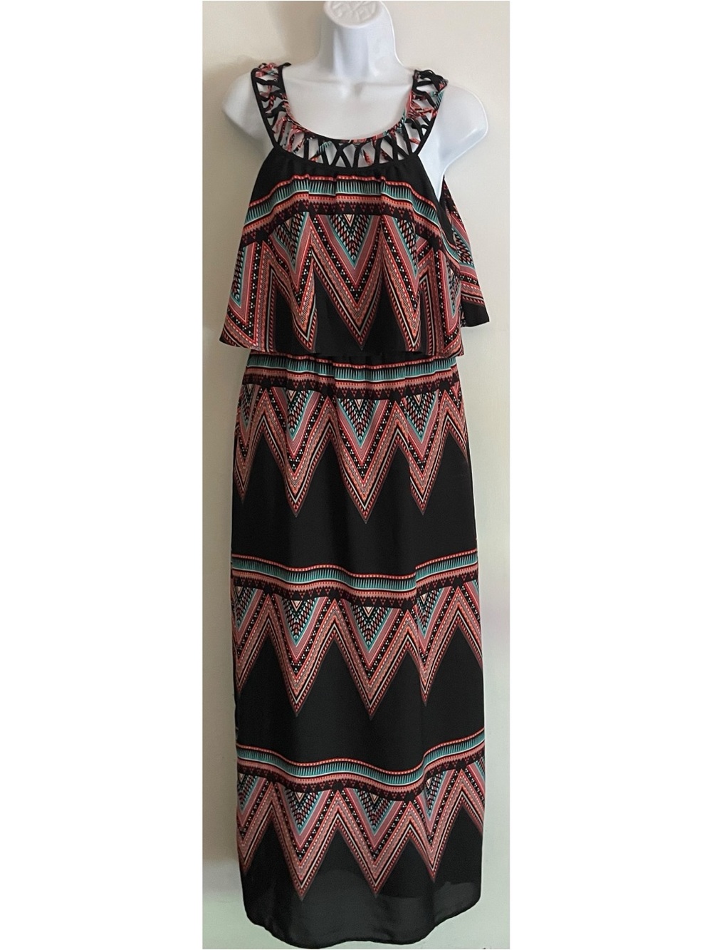 HeartSoul Black Maxi Dress with Coral and Teal Chevron Print